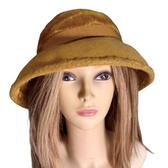 VTG MOD Duchess Italian Wool Felt Faux Fur Cloche Bucket Cossack Style Hat Amber main image 13